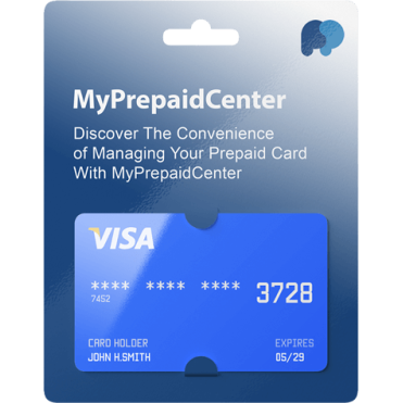 Visa Prepaid Card - MyPrepaidCenter Promotional Visa prepaid card by MyPrepaidCenter with a blue design, showing a partial card number and name