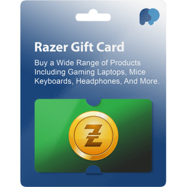 Razer Gift Card for gaming gear with prominent logo and text for laptops, mice, and more.